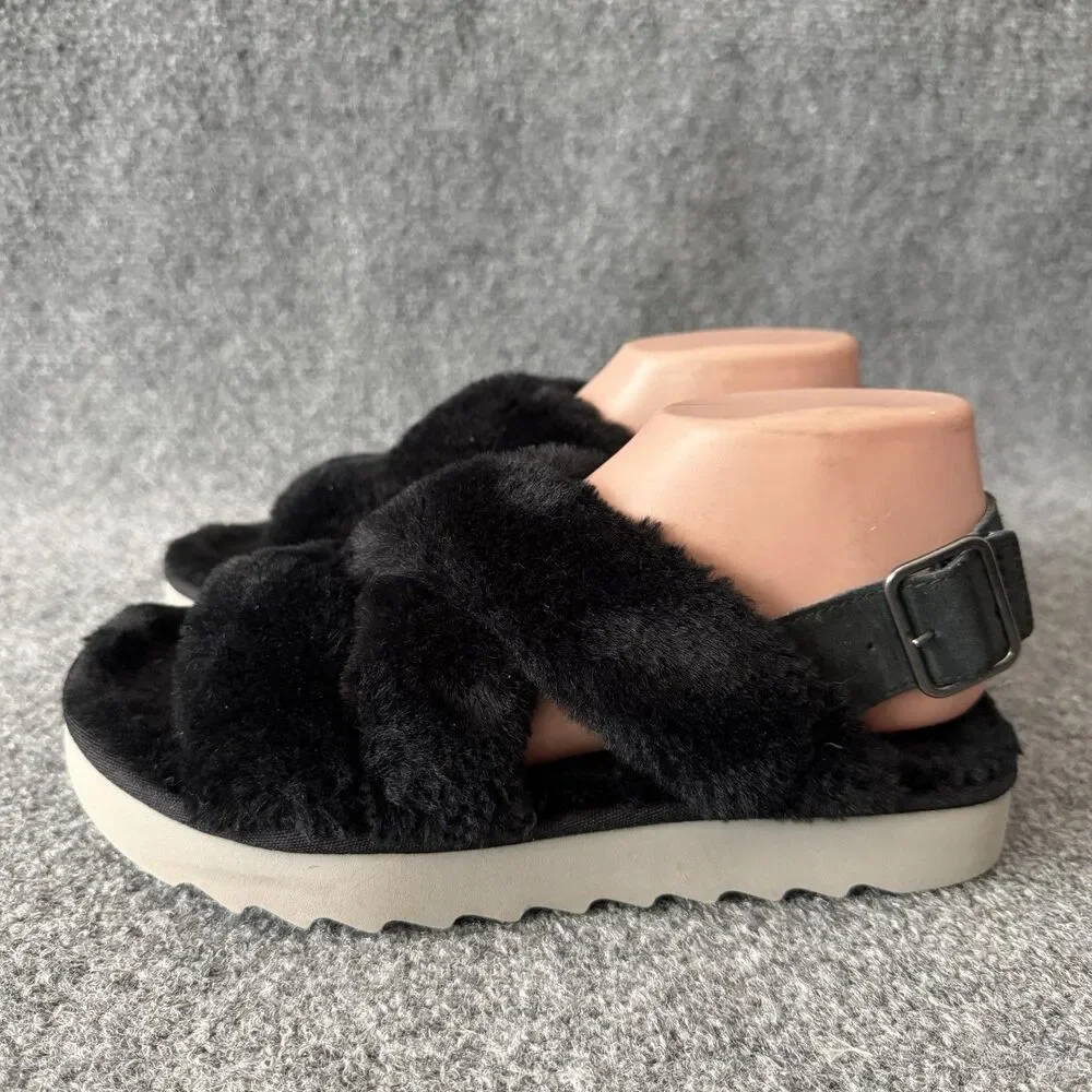 Koolaburra by UGG Fuzz-Ee Women Black Faux Fur Cross Strap Slingback Sandals 8